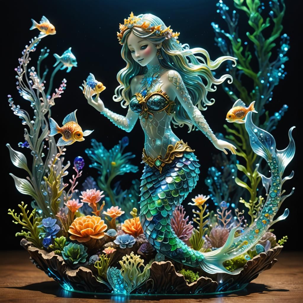 Bioluminescent Mermaid Crystal Sculpture in Sea Forest