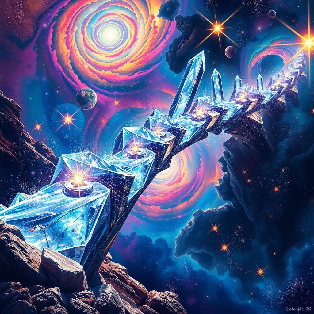 Crystal Bridge in Vibrant, Swirling Cosmic Art