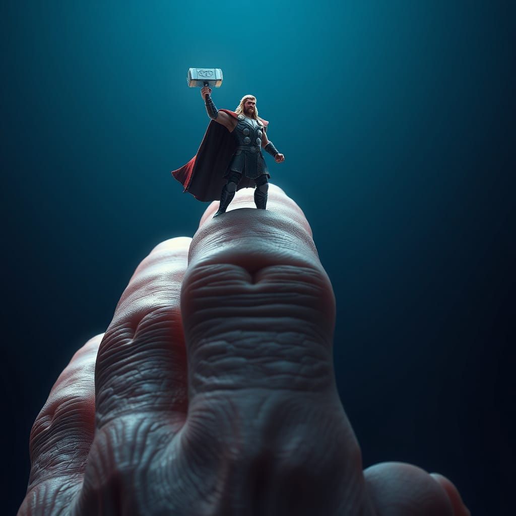 Tiny Thor Triumphant on a Colossal Thumb