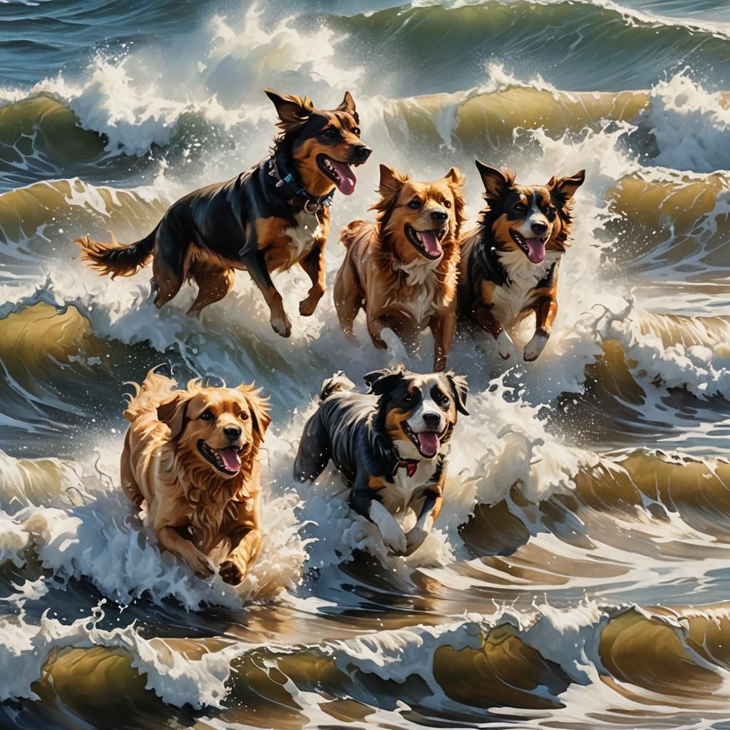 Dogs Catching a Wave in Expressive Oil Painting