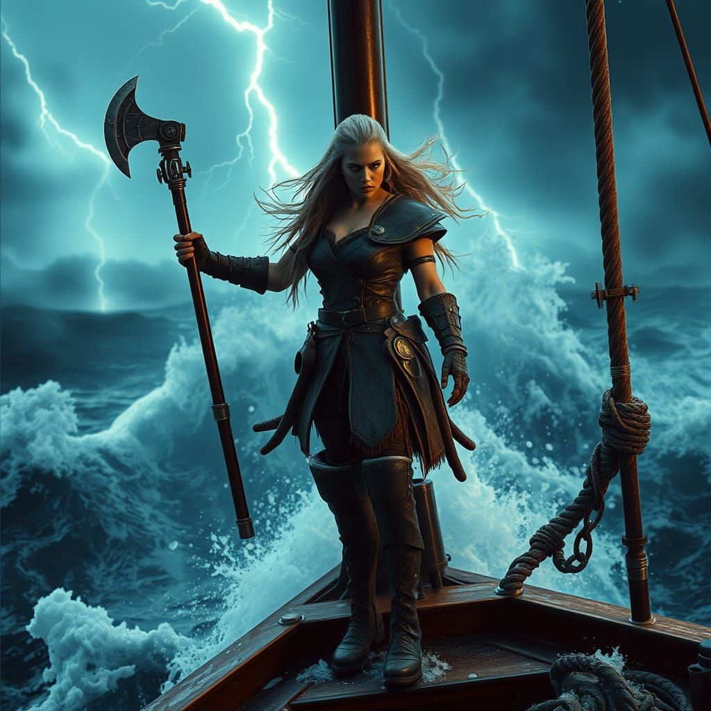 Clockwork Viking Warrior on Stormy Seas: Cinematic Film Stil...