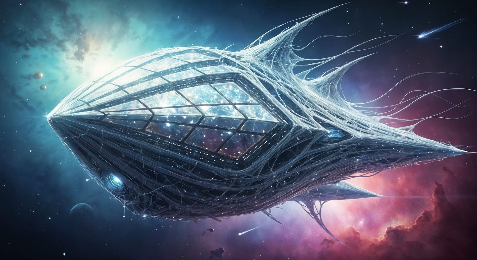 Cosmic Spiderweb Spaceship Drifting Through Nebula