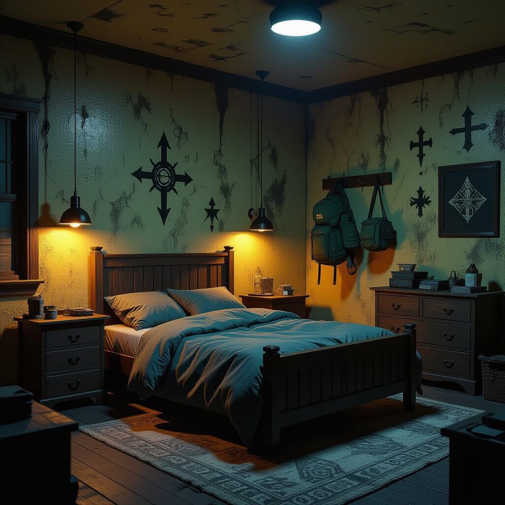 Eerie Bedroom with Cryptic Symbols in Digital Art Style