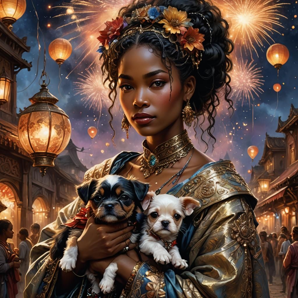 Ebony Woman with Puppy in Hyper-Realistic Digital Painting