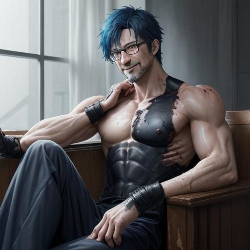 Wounded Android Butler Smiles in Cozy Living Room, Anime Sty...