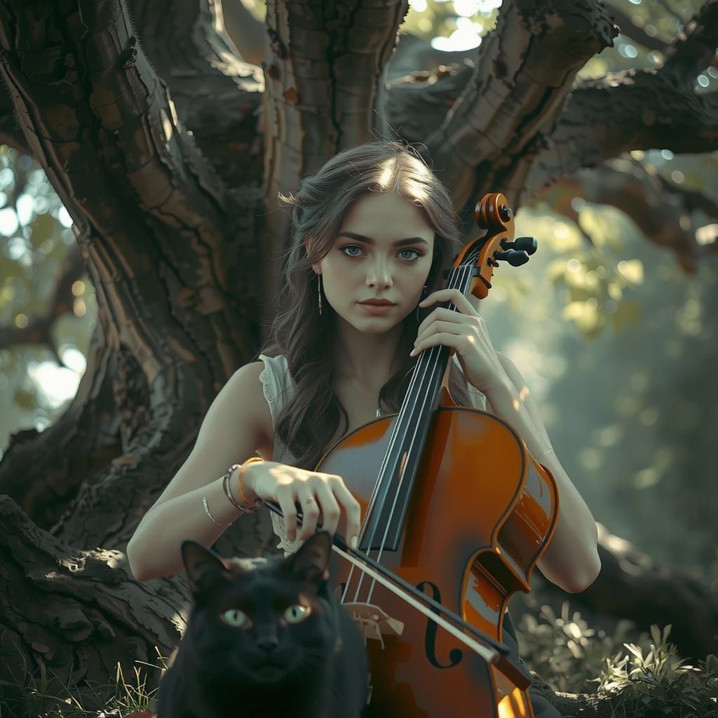 Woman Plays Cello for Cat, Emerald Eyes, Rutkowski Style