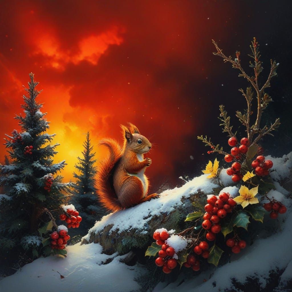 Surreal Squirrel Amidst Vibrant Winter Wonderland