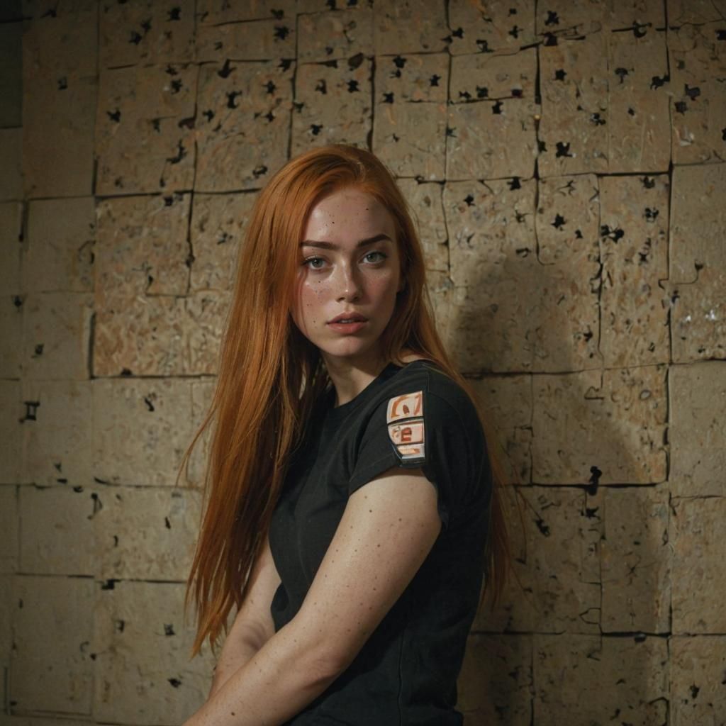 Intense Woman Completes Crimson Puzzle: Cinematic Film Still