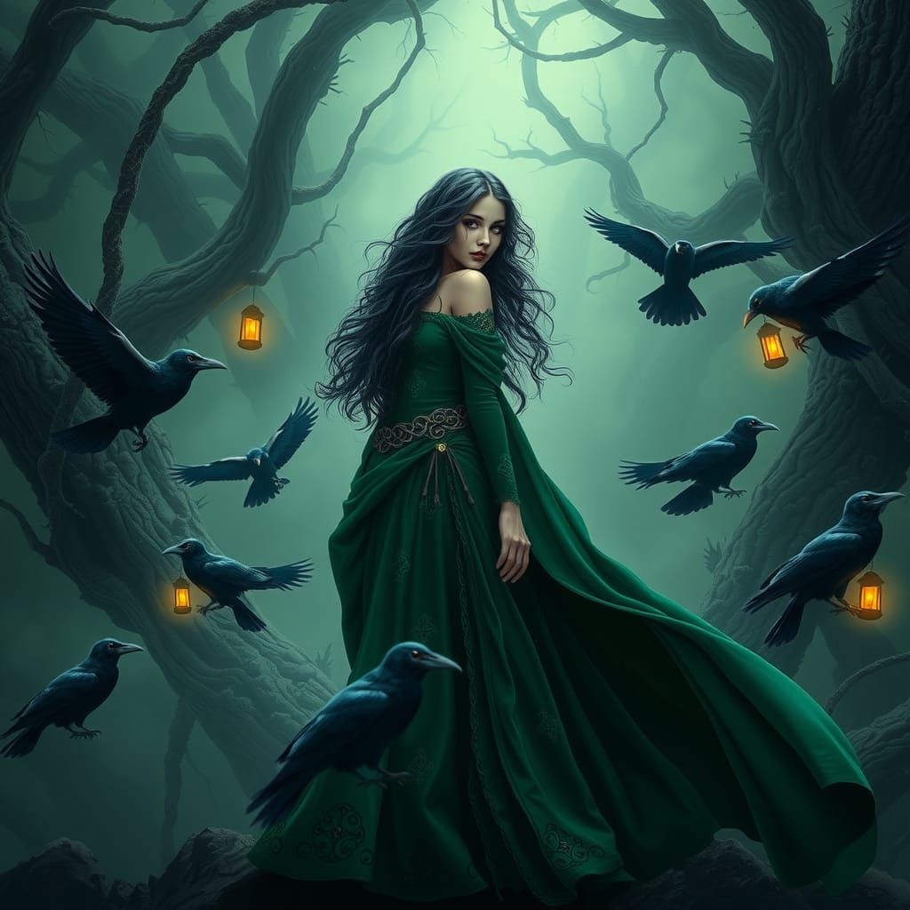 Mystical Morrigan in Emerald Gown, Celtic Illustration