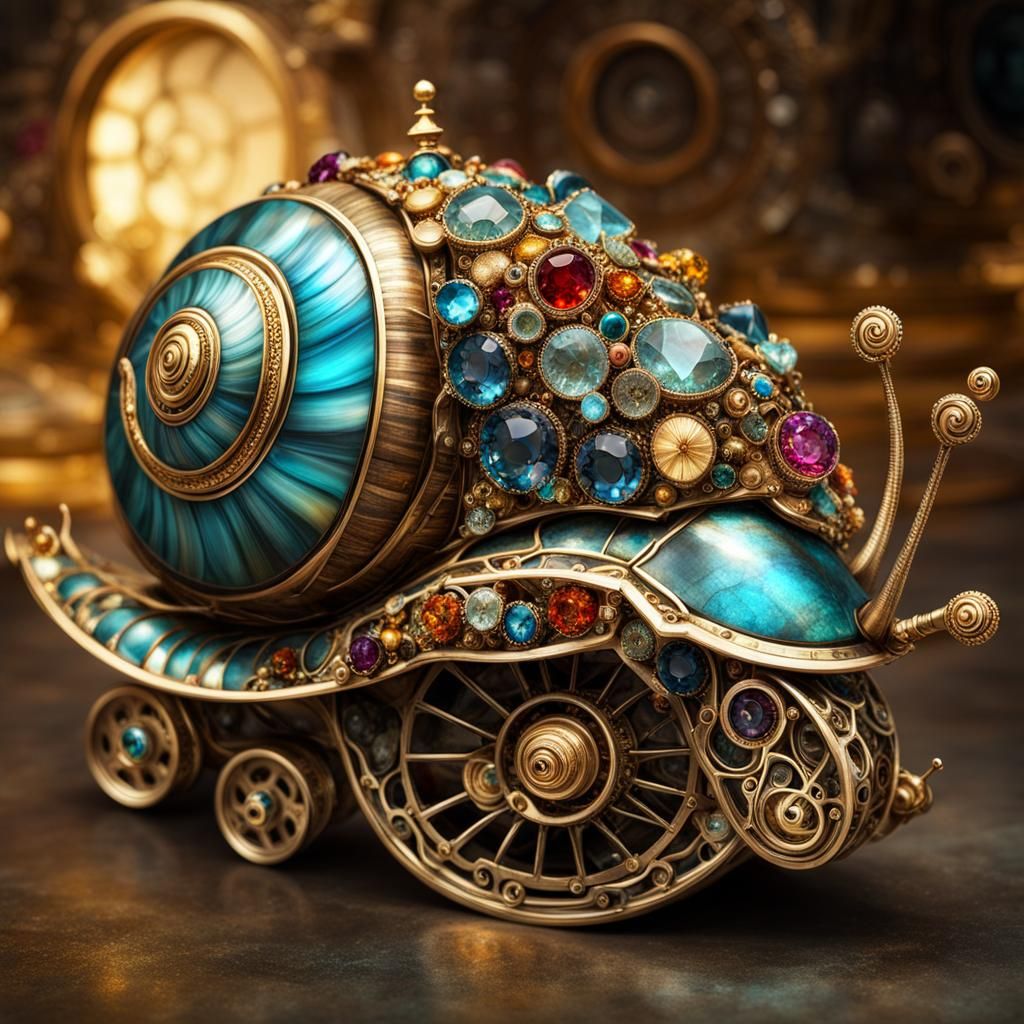 Gemstone Clockwork Snail on Treasure Car, Fantasycore Art