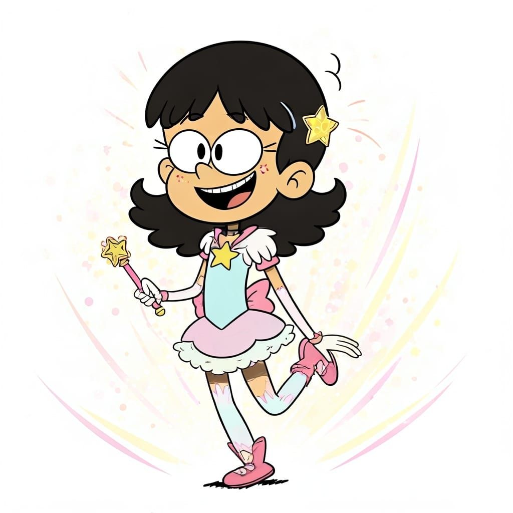 Imagine Stella Zhau from The Loud House as a magical girl, transforming in a burst of glitter and sparkles. She wears a ...