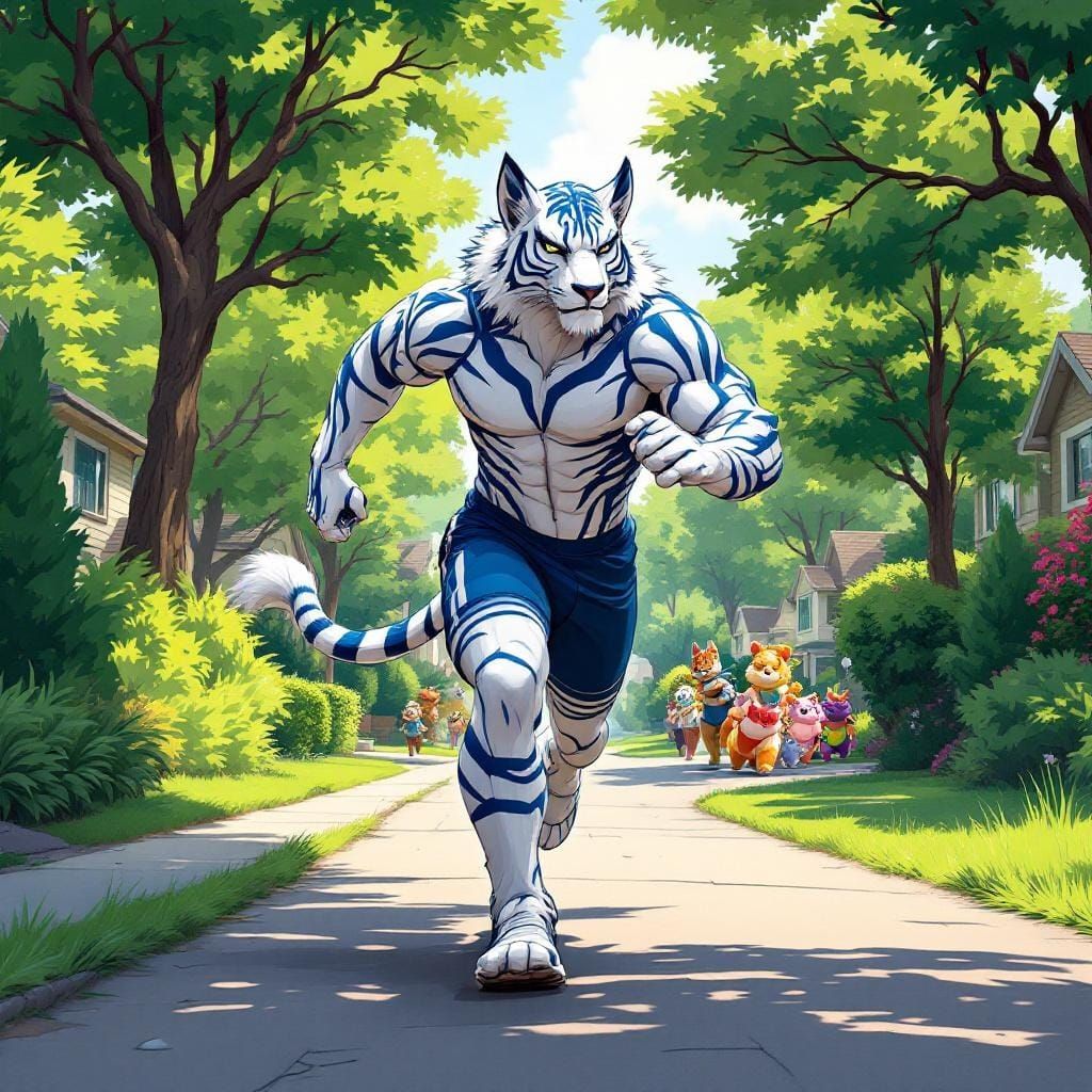 Liger Furry Jogging in Vibrant Suburbia