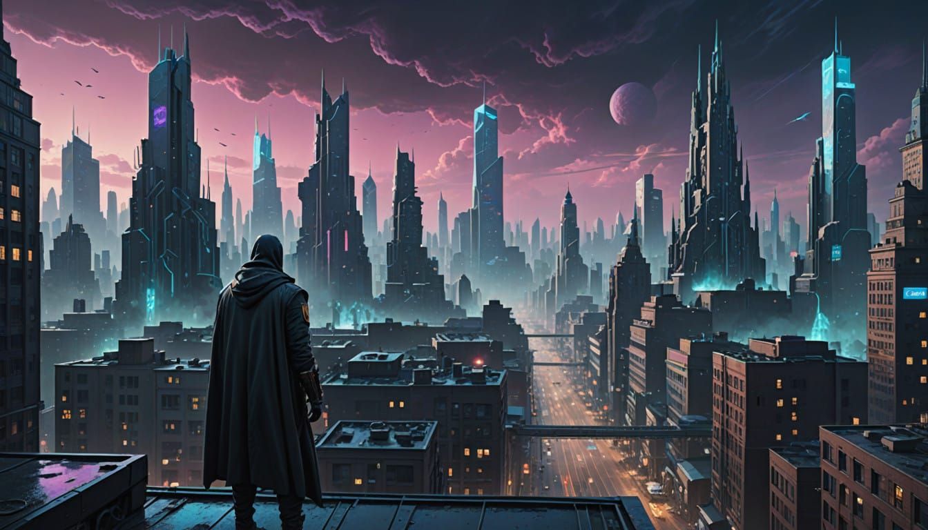 Majestic Frosty Hero Dominates Ethereal Cityscape