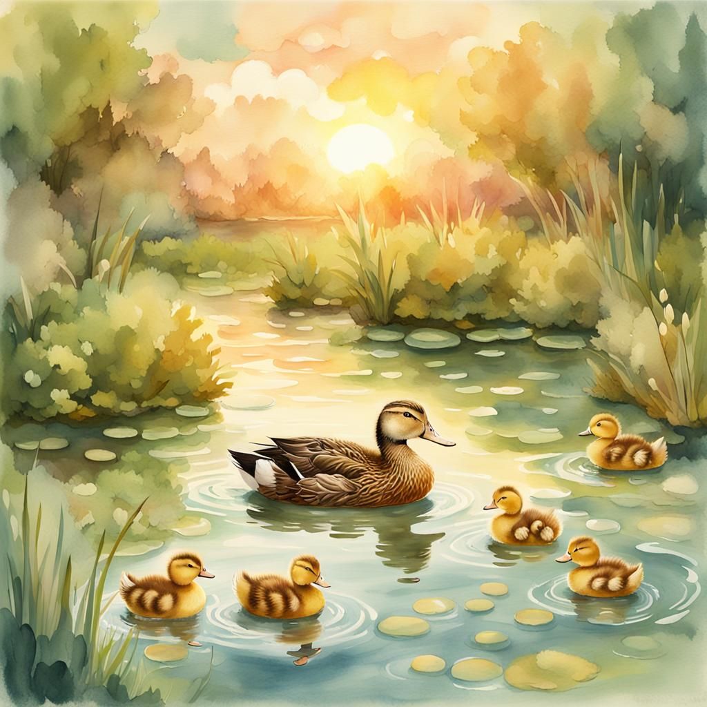 Mother Duck and Ducklings in Pond: Whimsical Illustration