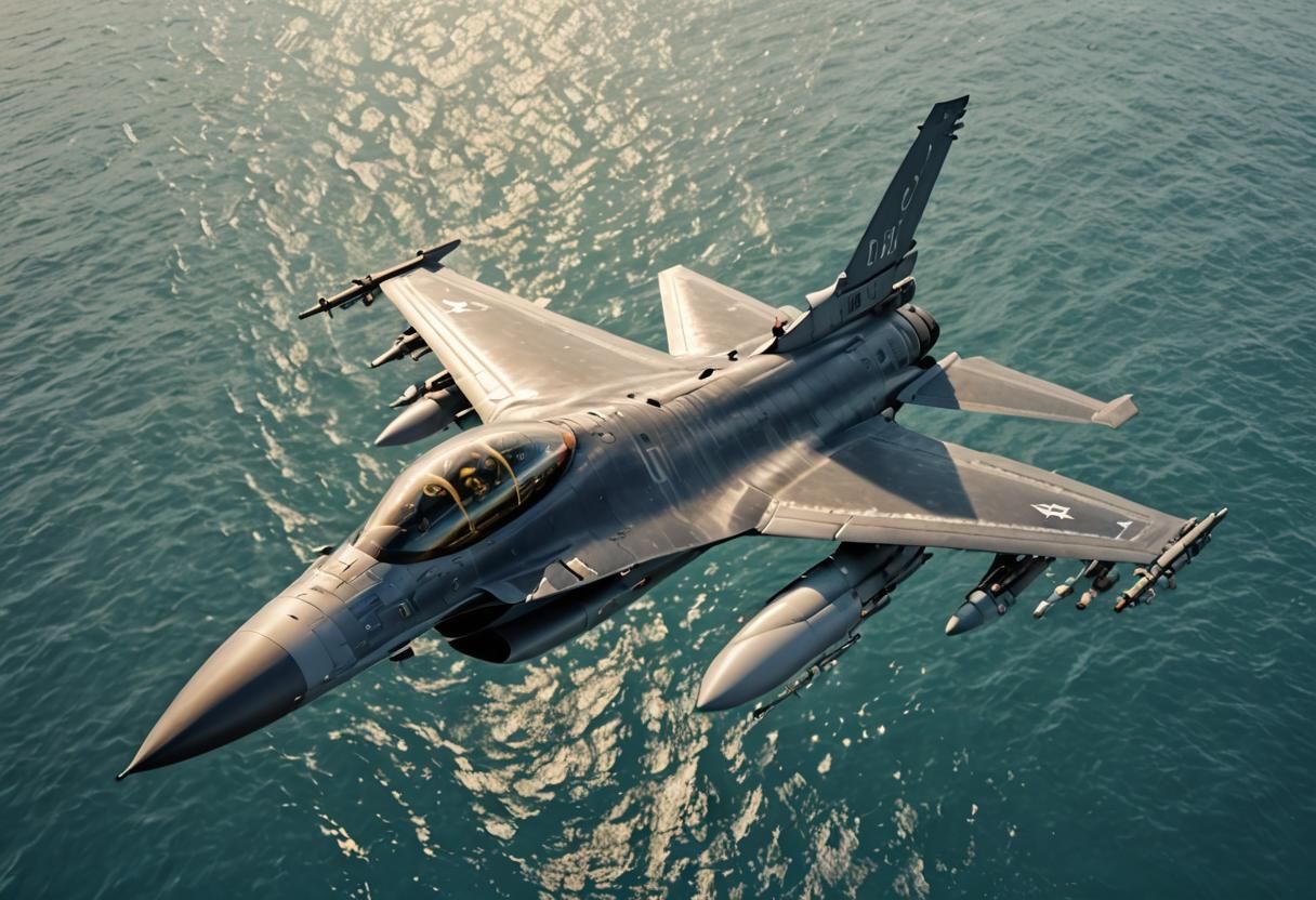 F16 Fighter Jet Flying Over the Ocean