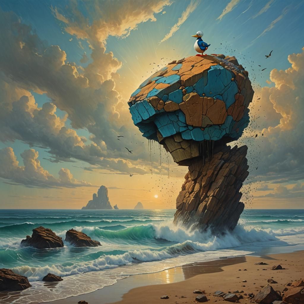 Donald Duck in Surrealist Style on Balanced Rocks