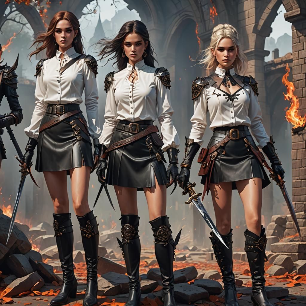 Skull-Faced Women Brandishing Swords, Fantasy Concept Art