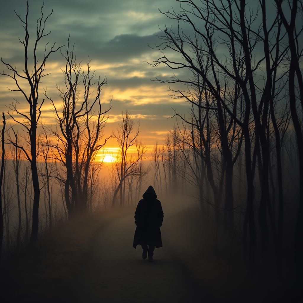 Ethereal Figure in Gothic Landscape at Dusk