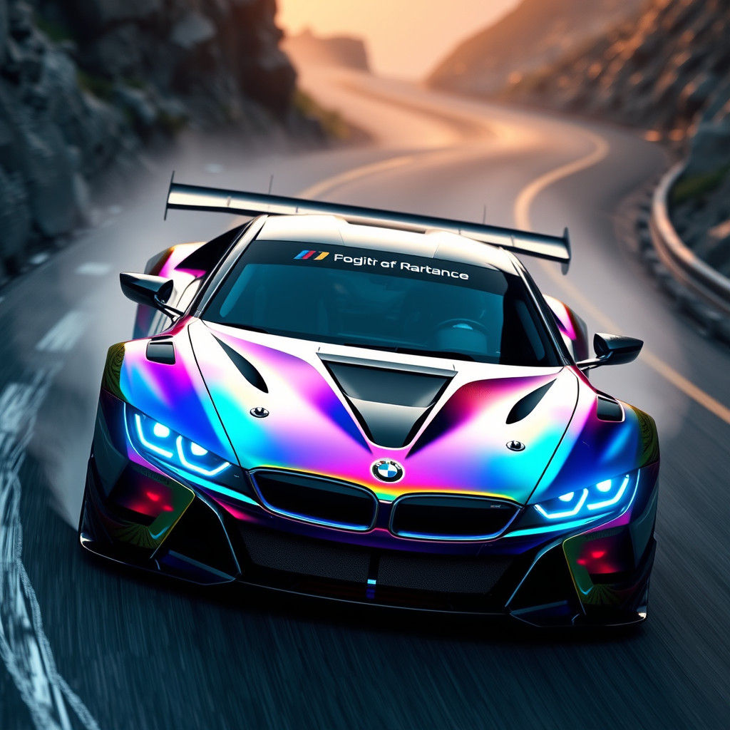 Rainbow BMW Racing Car Drifting on Mountain Road