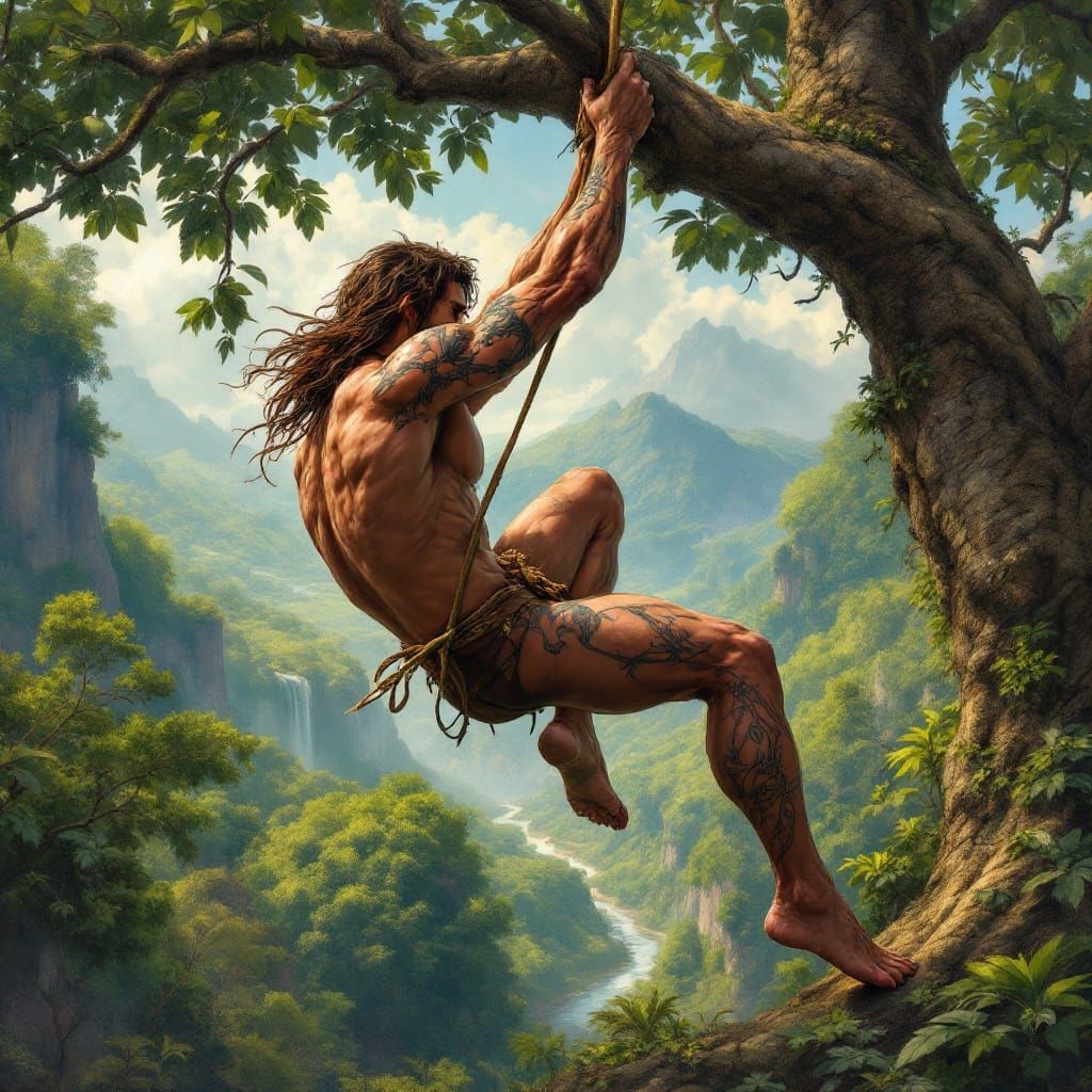 Tarzan Swings Through a Jungle Valley in a Vivid Fantasy Ill...