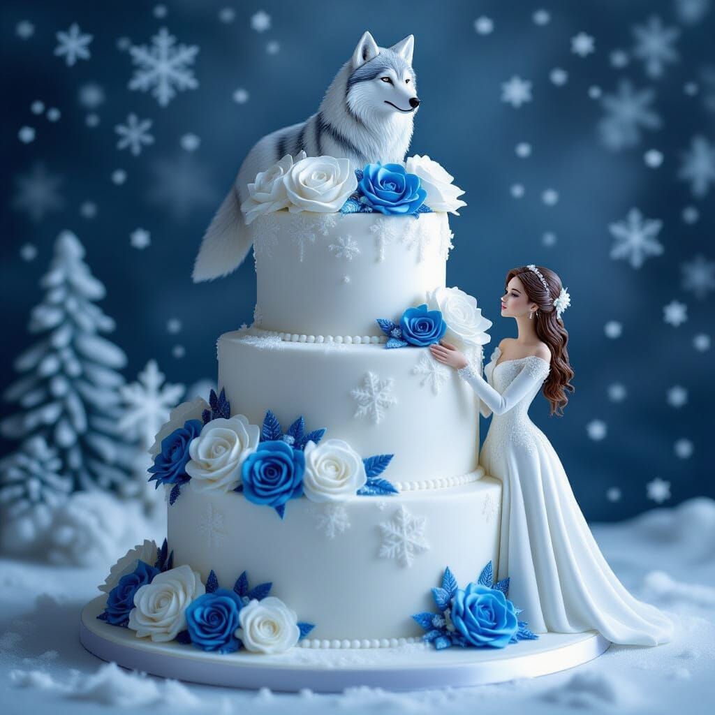 Six-Tier Winter Cake with Wolf & Girl Toppers