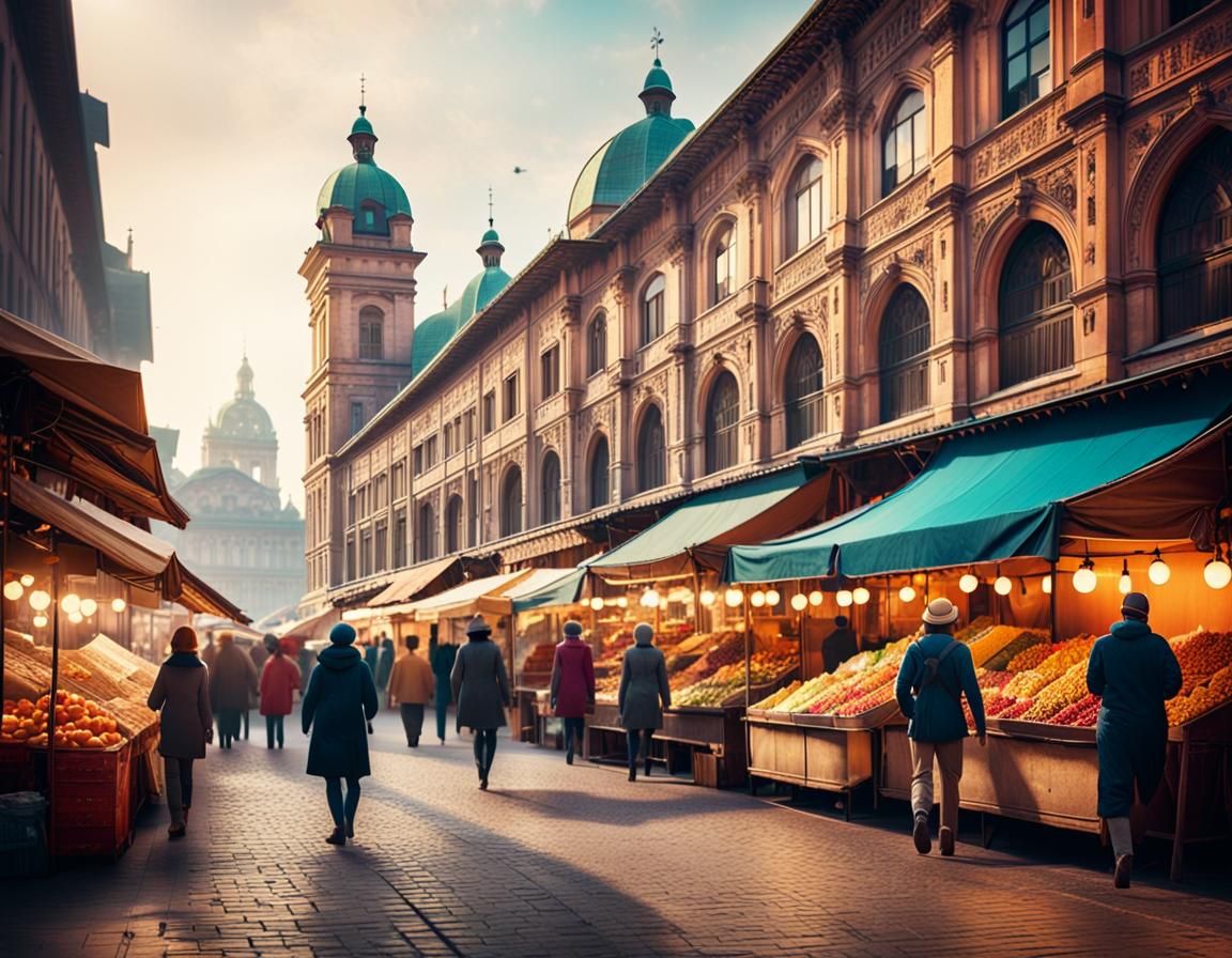 Bustling City Square with Historic Architecture