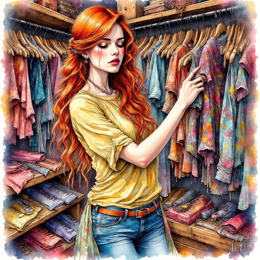 Redhead Browsing Her Colorful Closet in Ink Art Style