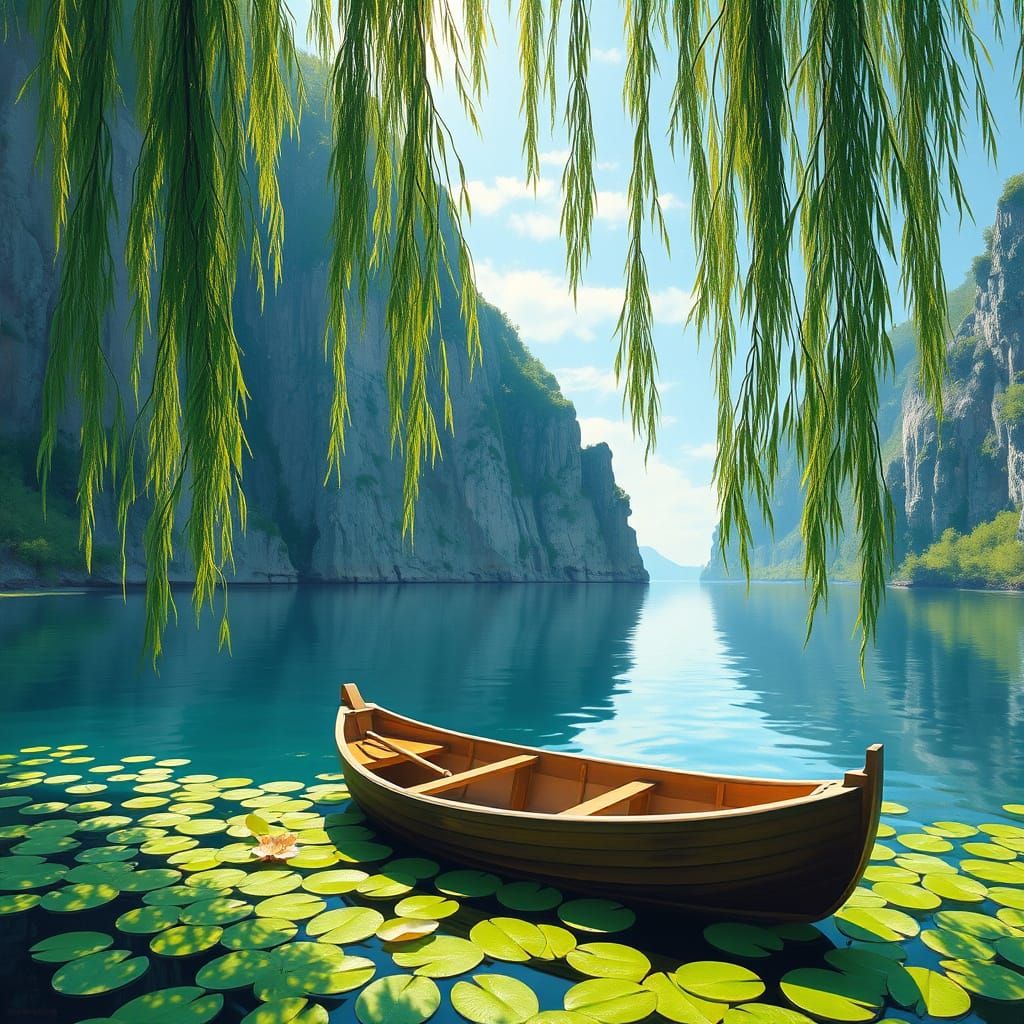 Serene Lake Scene with Rowboat and Lily Pads