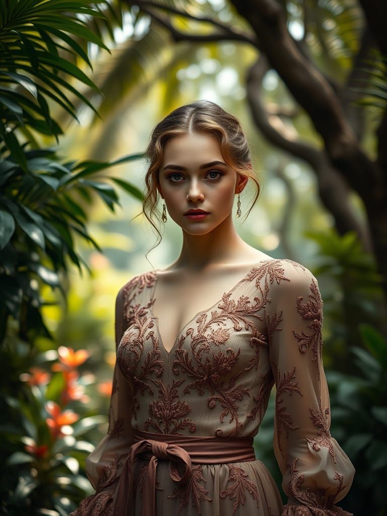 Elegant Woman in Lush Environment, Hyperrealistic Detail