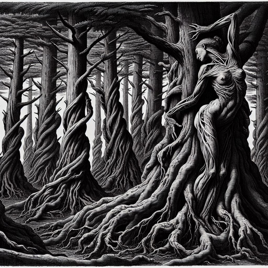 Arthritic Trees and Figure in Dark Landscape