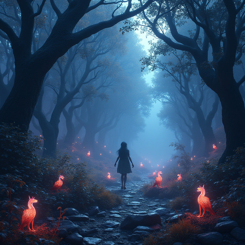 Mystical Forest Landscape with Ethereal Being