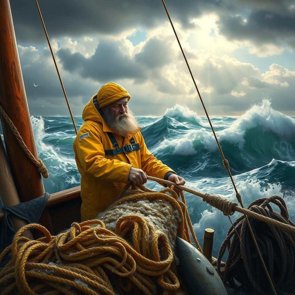 Fisherman in Stormy Seas: A Maritime Painting