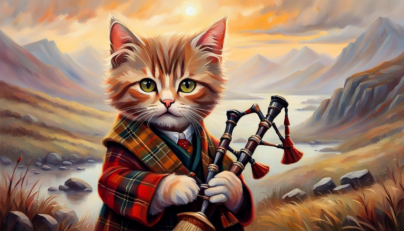 Scottish Piper Kitten in Misty Highlands Oil Painting