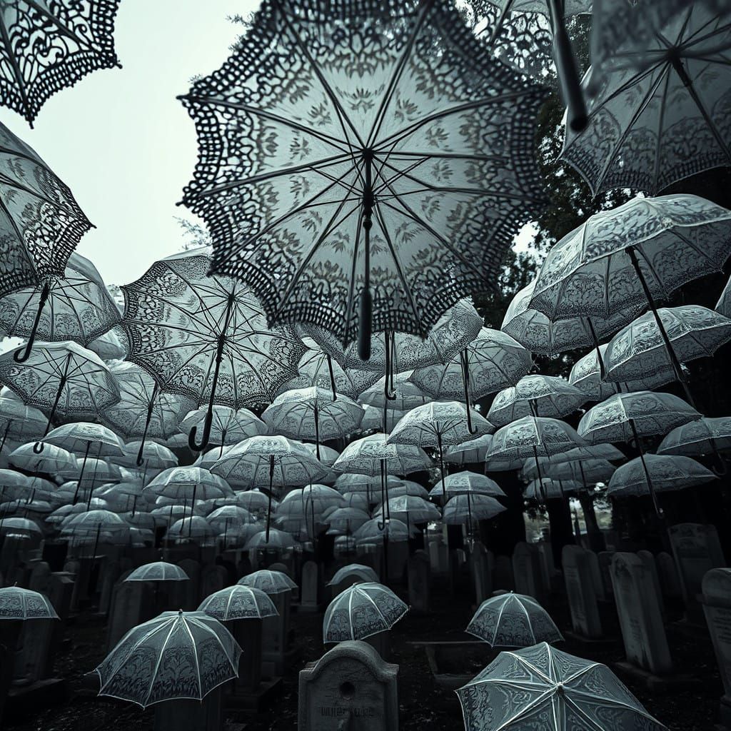 Lace Umbrellas Dance in a Haunting Cemetery