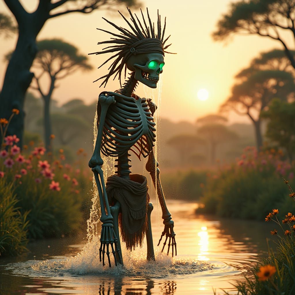Skeleton Emerges from Savanna River as Matte Painting