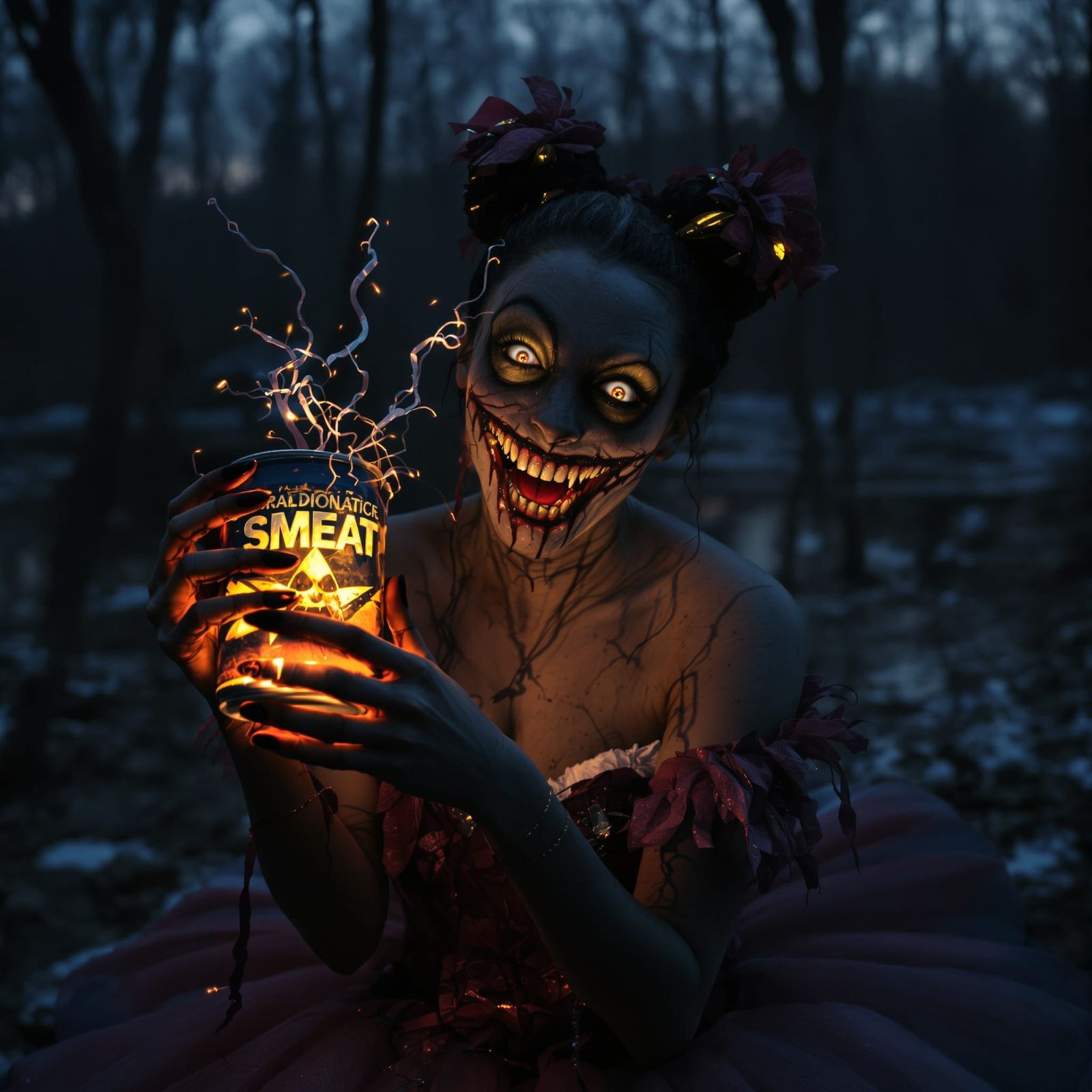 Eerie Ballerina with Radioactive Can in Dark Swamp