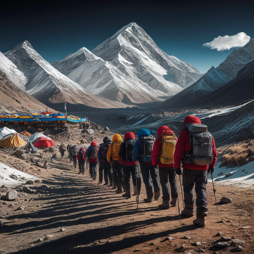 A group of determined hikers set off from Everest Base Camp ...
