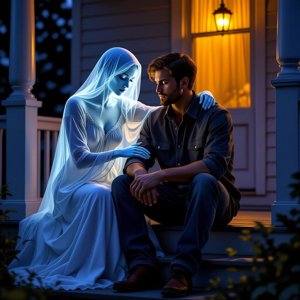 Ethereal Ghost Sits Beside Man on Porch