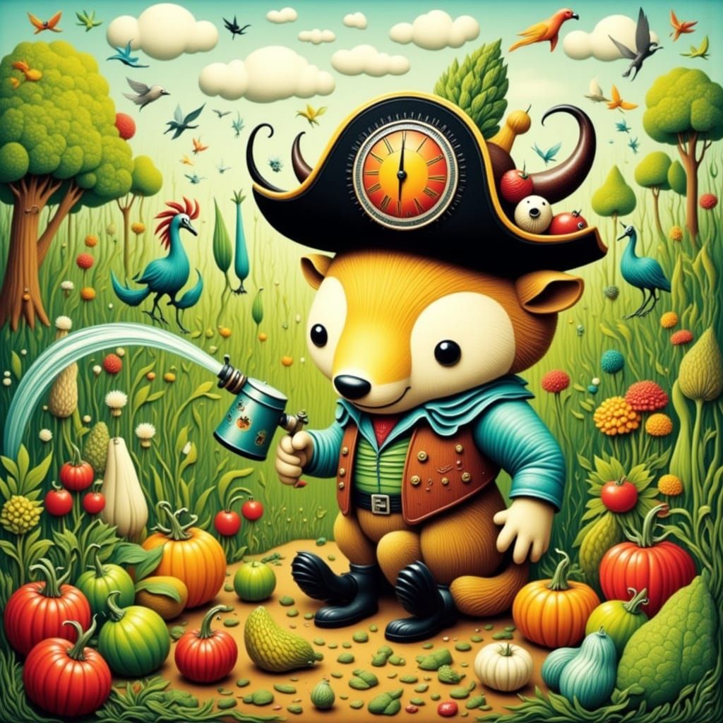 Cute Creature Watering a Vegetable Garden in Woodcut Style