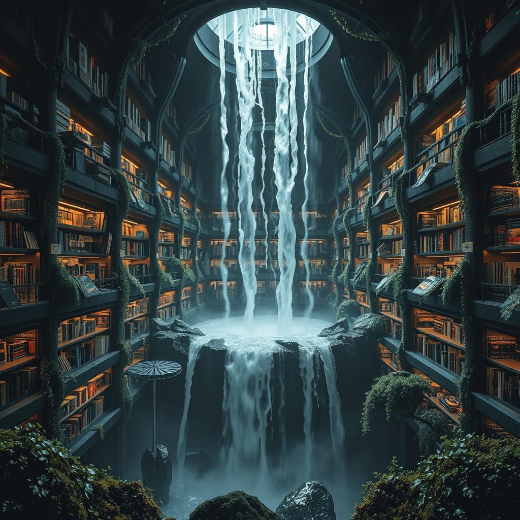 Futuristic Library Waterfall at Midnight