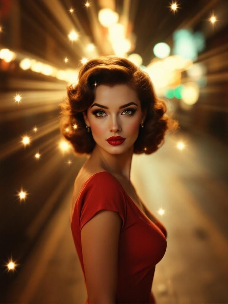 1950s Pin-Up Woman with Star Filter Effect