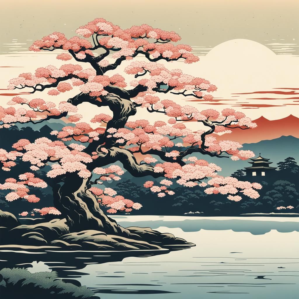 Sakura Tree by Lake: Ukiyo-e Woodblock Print
