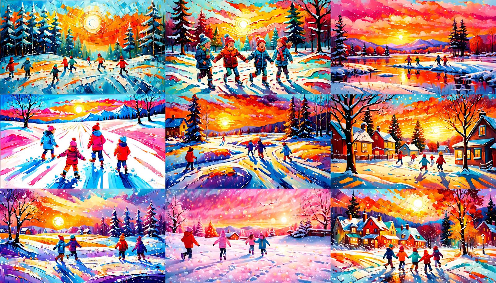 Children Play in Snowy Sunset: Alla Prima Acrylic