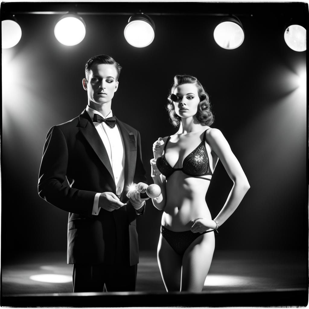 Film Noir Illusionist and Assistant with Doves