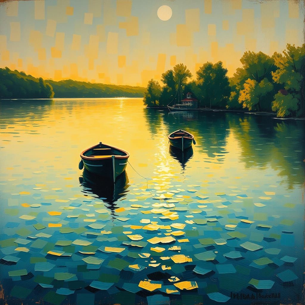 Golden Dawn: Boats on Lake in Expressionist Style