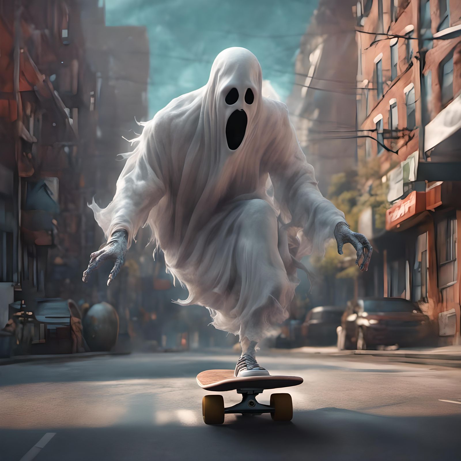 Ghost Rides Skateboard: Detailed Matte Painting