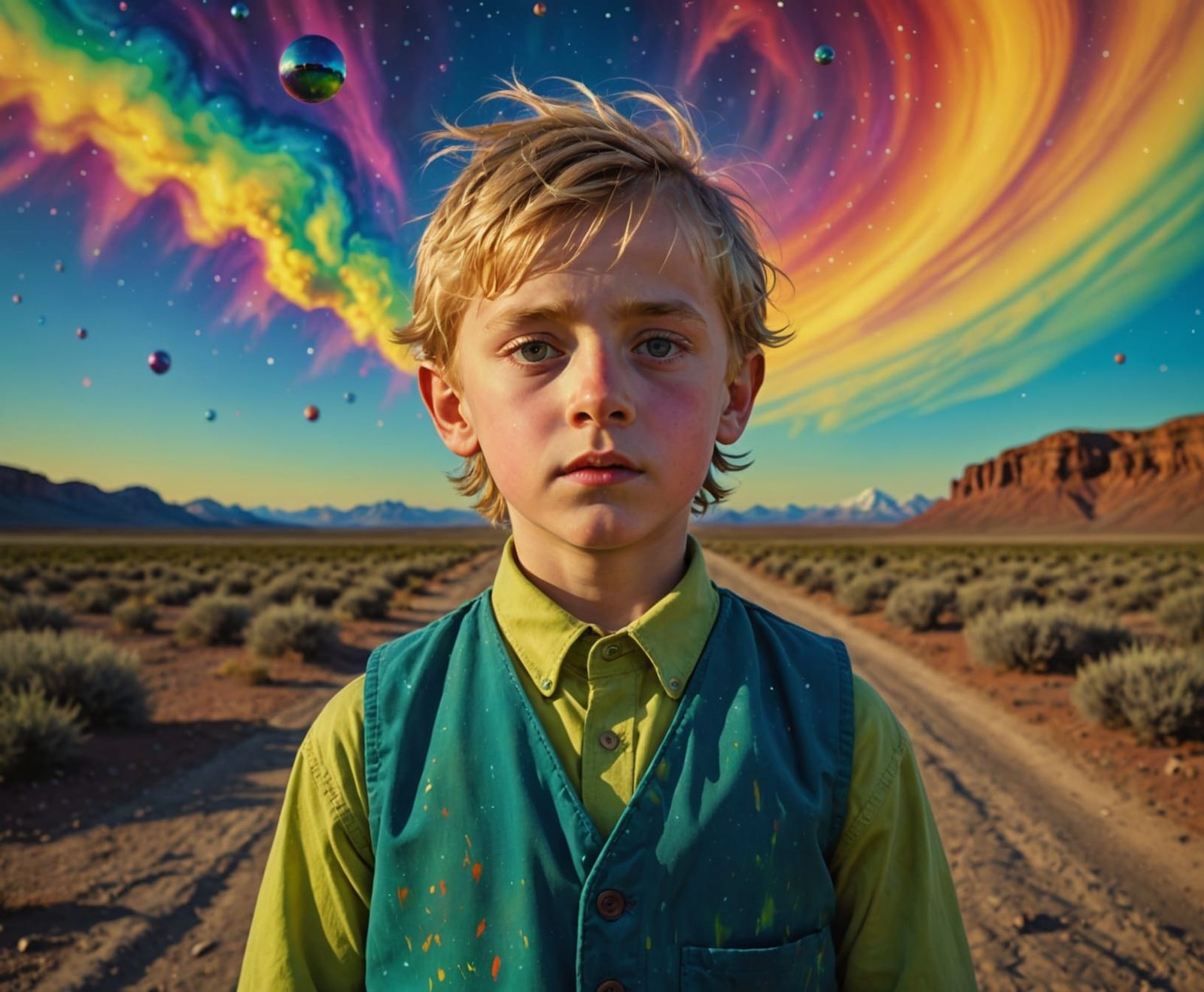 Surreal Cosmic Child in Golden Hour, Unsettling Grunge Style