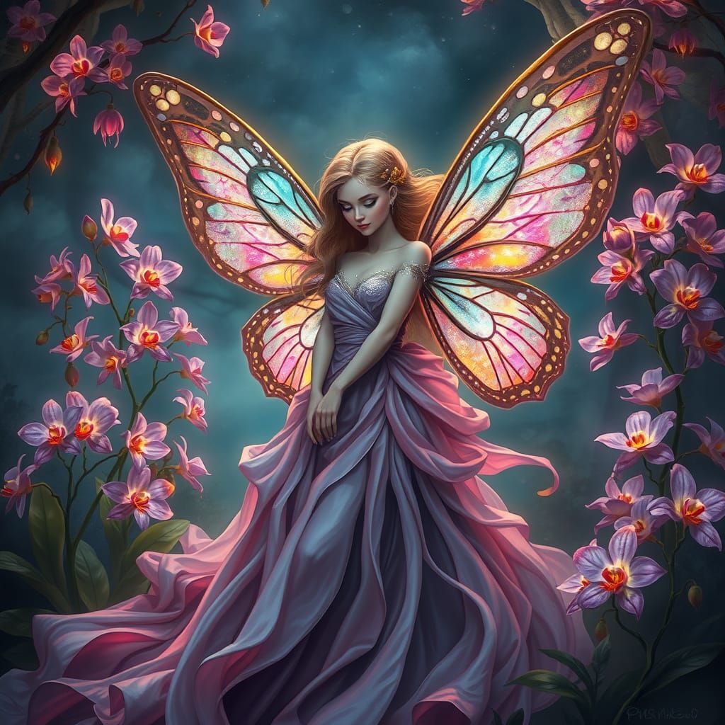 Bioluminescent Fairy in a Fantasy Orchid Garden