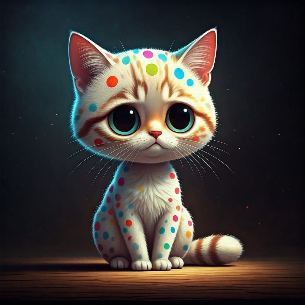 Polka Dot Chibi Cat in Rembrandt-Style Oil Painting