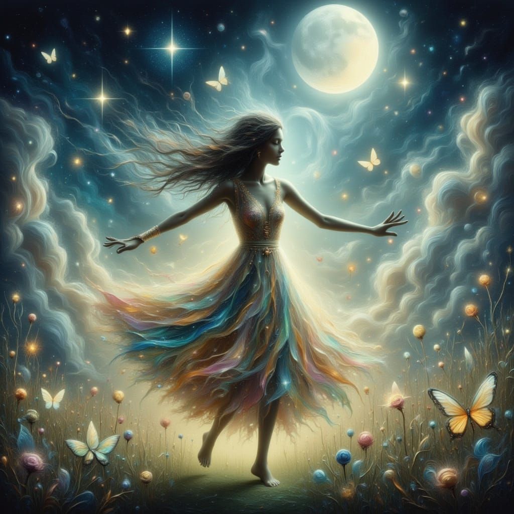 Radiant Woman Dancing in Moonlit Garden: Anime Style